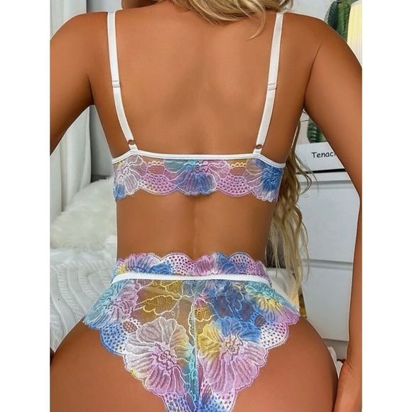 Sexy Rainbow Floral Lace Lingerie Set - Picture 2 of 8